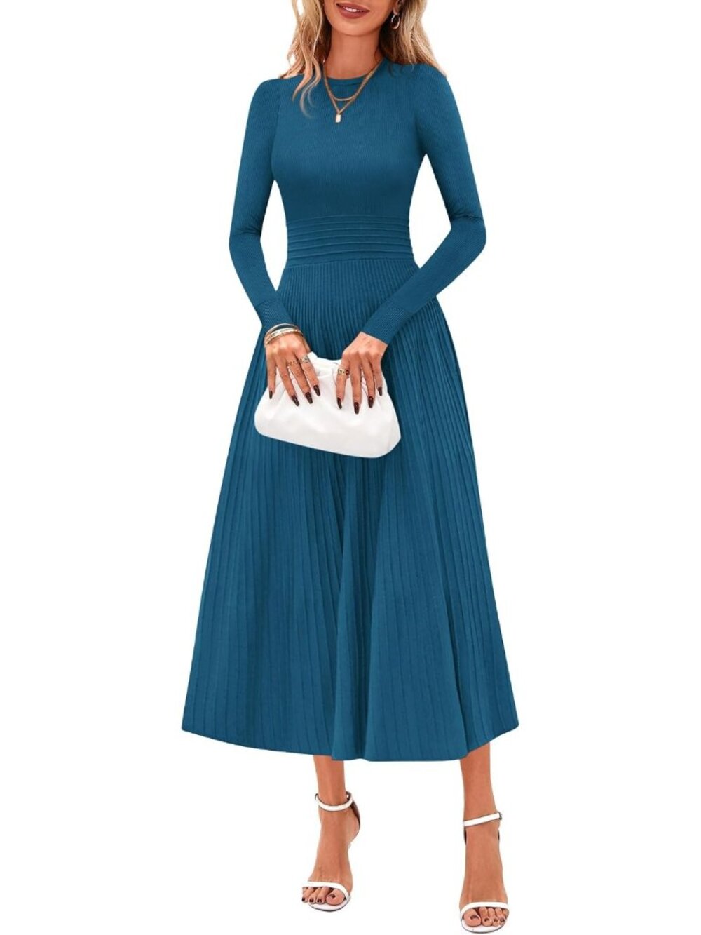 Women's Dark Blue Long Sleeve Knit Slim Fit A Line Sweater Guest Maxi Dress
